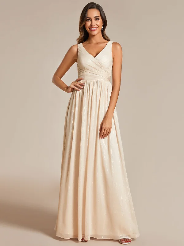 Midi dresses for evening cocktail parties -Glittery Floor Length V-Neck Sleeveless Evening Dress