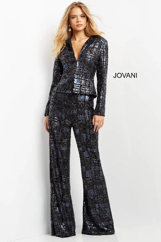 formal dresses with off-shoulder sleeves for summer events --Embellished Long Sleeve Pant Suit by Jovani 07166