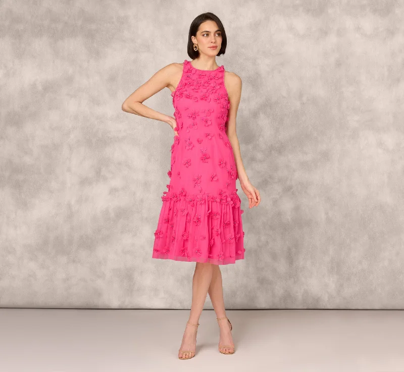 Wedding guest dresses with delicate lace trim for a feminine touch -3D Floral And Bead Embellished Midi Dress With Flounce Skirt In Electric Pink