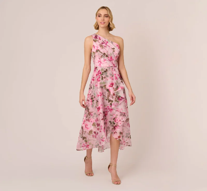 Wedding guest dresses with tulle for a whimsical touch -Floral Print Organza Midi Dress With One Shoulder Neckline In Pink Multi