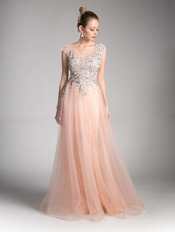 Wedding guest dresses that work well with metallic accessories -Beaded Cap Sleeve Tulle Gown by Cinderella Divine 8992