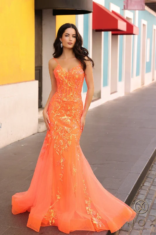 formal dresses for cocktail parties with fitted silhouettes --Applique V-Neck Corset Mermaid Dress by Nox Anabel Q1390