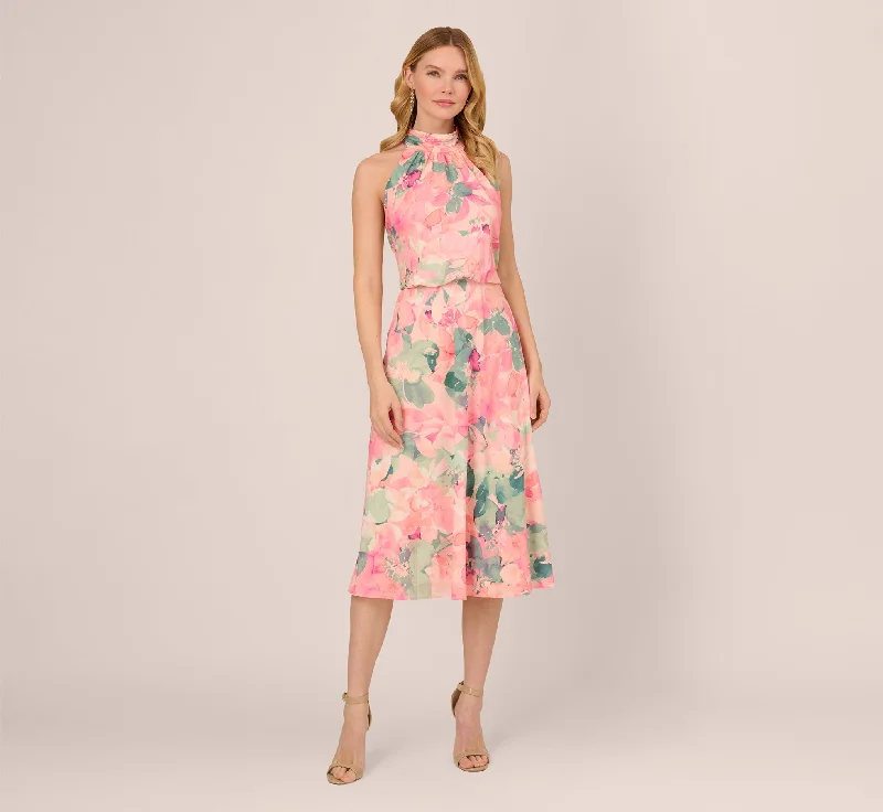 Wedding guest dresses that combine comfort and elegance -Floral Print Chiffon Halter Dress With Mock Neck In Blush Multi