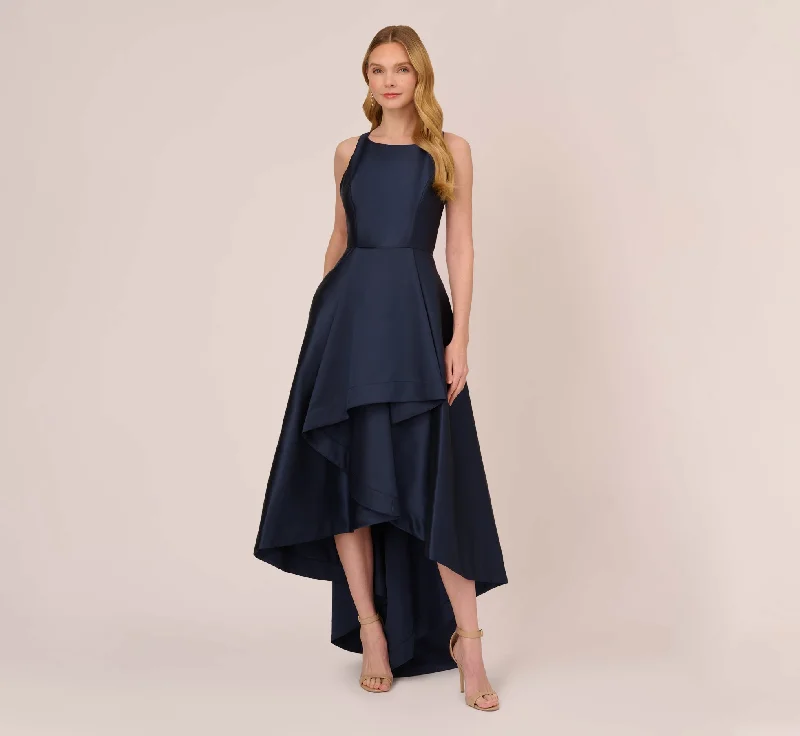 formal dresses with pleated skirts for graceful movement --High Low Mikado Gown With Asymmetrical Detail In Midnight