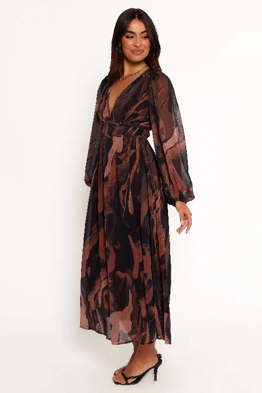 Wedding guest dresses with simple, clean lines for understated elegance -Blayze Long Sleeve Maxi Dress - Brown Print