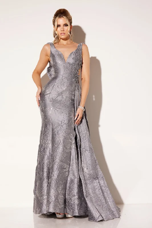cocktail dresses with beaded embellishments for glam look --Brocade Fitted Sleeveless Gown by Lucci Lu C8072