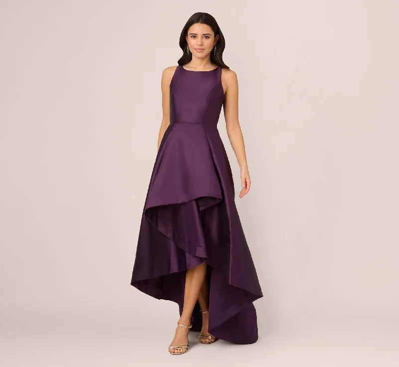 formal dresses for winter galas with fur collars --High Low Mikado Gown With Asymmetrical Detail In Luxe Plum