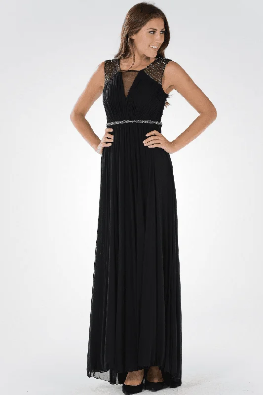 Summer wedding guest dresses in vibrant hues -Long Ruched Dress with Sheer Back by Poly USA 7514