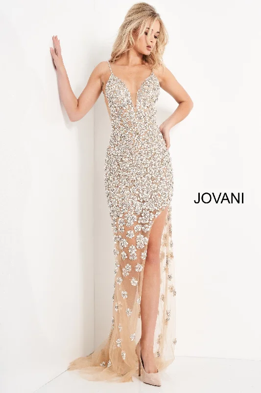 formal dresses with off-shoulder sleeves for summer events --Beaded Fitted Sleeveless Slit Gown by Jovani 02492