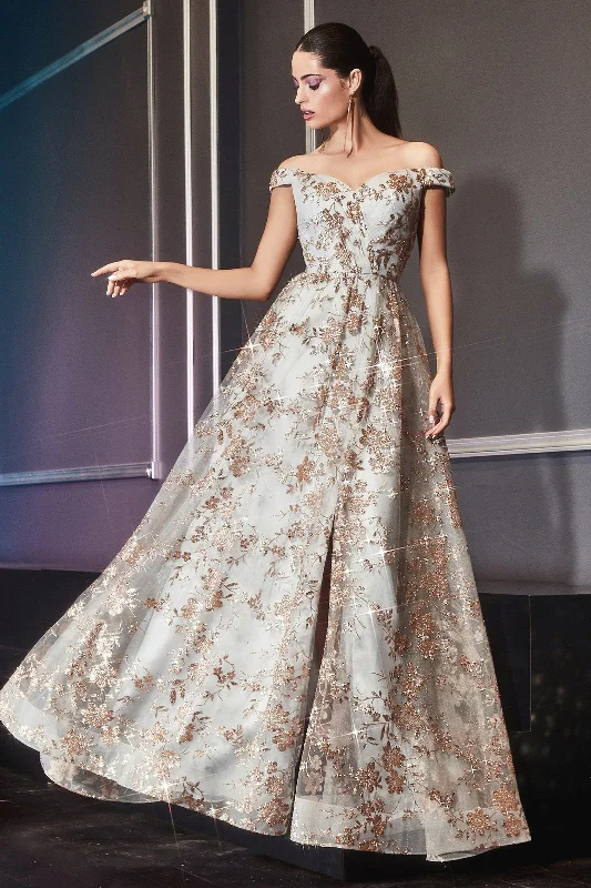 Perfect dresses for a wedding guest attending a winter wedding -Glitter Print Off Shoulder Gown by Cinderella Divine CB069