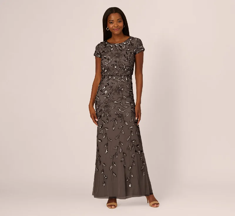 formal dresses for prom with tulle skirts and corset tops --Blouson Short Sleeve Beaded Long Dress In Lead