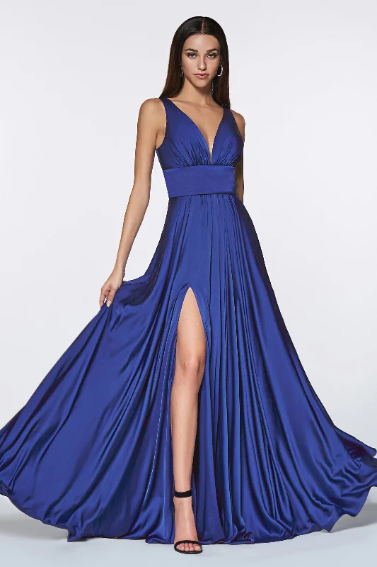 Sophisticated wedding guest dresses with tailored lines and cuts -Long Satin V-Neck Dress with Slit by Cinderella Divine 7469 - Outlet