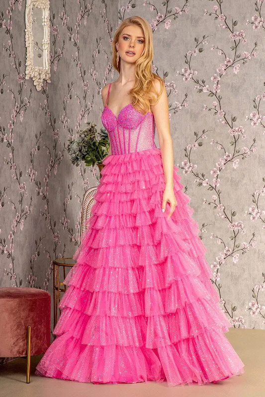 cocktail dresses with satin fabric for smooth texture --Beaded Sheer Corset Tiered Ruffled Gown by GLS Gloria GL3463