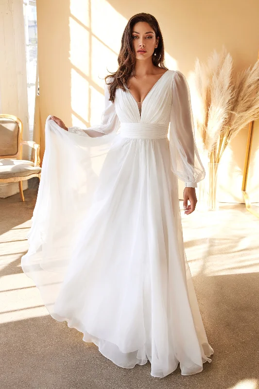 Best wedding guest dresses for winter holiday weddings -White Long Sleeve Chiffon Gown by Cinderella Divine CD0192W