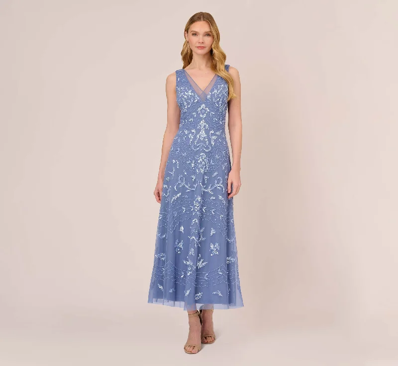 formal dresses with detachable capes for dramatic effect --Hand-Beaded Ankle-Length Dress In French Blue