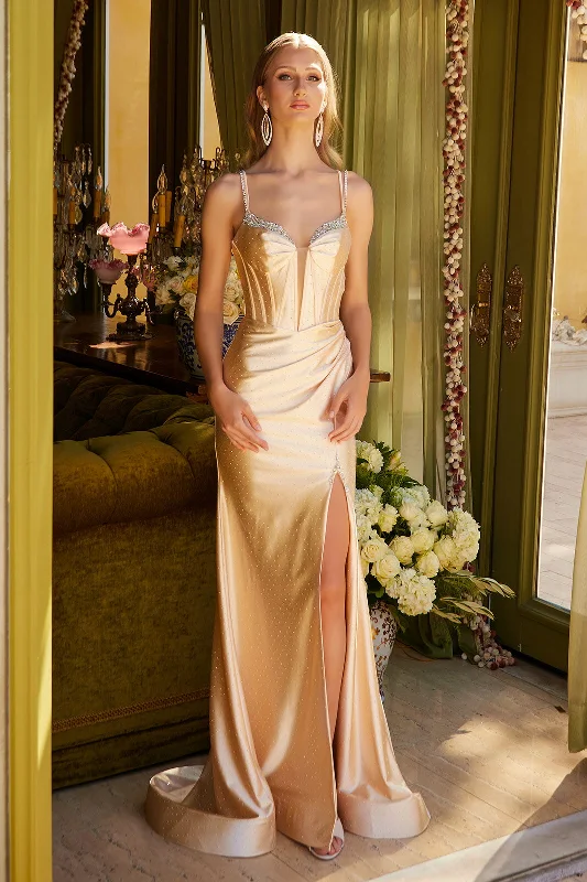 cocktail dresses with metallic thread for shimmer --Beaded Satin Corset Slit Gown by Elizabeth K GL3538