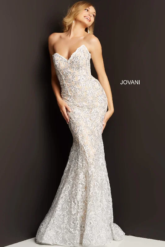 cocktail dresses with ruched sides for slimming effect --Lace Strapless Mermaid Dress by Jovani 08215
