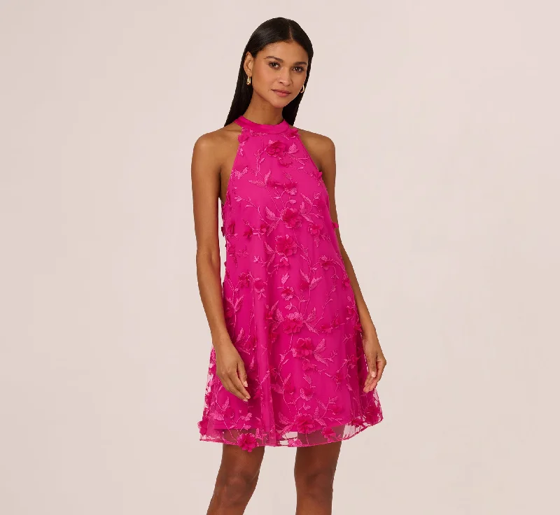Elegant wedding guest dresses for a country club wedding -3D Floral Embroidered Trapeze Dress With Open Bow Back In Cosmo Pink