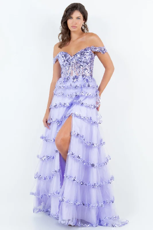 cocktail dresses with tiered ruffles for dramatic effect --Off Shoulder Tiered Gown by Cinderella Couture 8228J