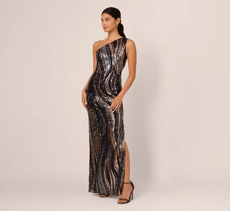 formal dresses with sleeves for office parties --One Shoulder Abstract Sequin Gown In Black Multi