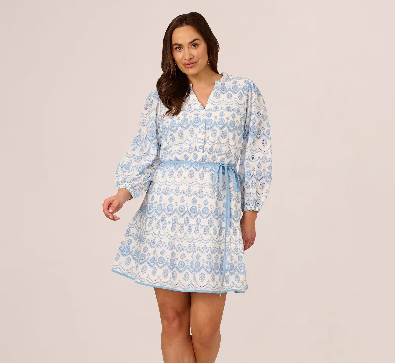 Chic wedding guest dresses that are perfect for spring -Plus Size Long Sleeve Flounce Eyelet Shirt Dress In Light Blue Ivory