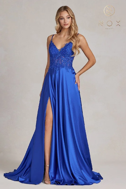cocktail dresses with pleated skirts for elegant flow --Embroidered Bodice Slit Gown by Nox Anabel K1121