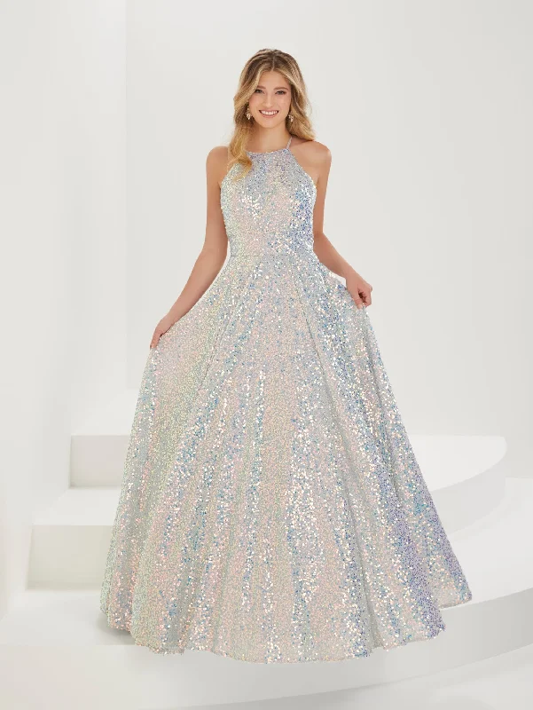 cocktail dresses with mesh inserts for edgy style --Shimmer Sequin Halter A-line Gown by Tiffany Designs 16920