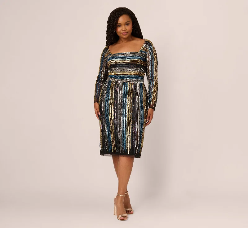 Trendy wedding guest dresses with asymmetrical hemlines -Plus Size Sequin Beaded Sheath Dress With Sheer Long Sleeves In Black Blue Multi