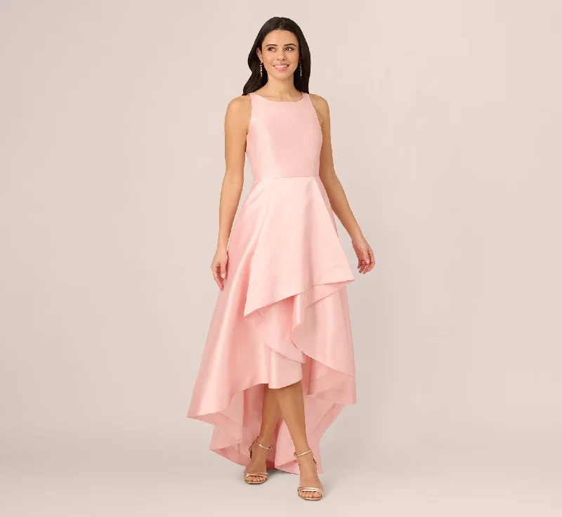 formal dresses for senior women with classic cuts --High Low Mikado Gown With Asymmetrical Detail In Pink Peach
