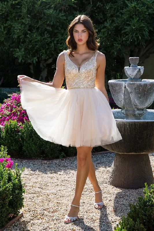 Midi party dresses for wedding guests -Beaded Short V-Neck A-line Dress by Eureka 9926