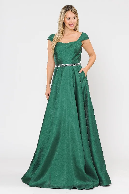 maternity bridesmaid dresses with wrap design for adjustable fit --Long Mikado Cap Sleeve Dress with Corset Back by Poly USA 8702