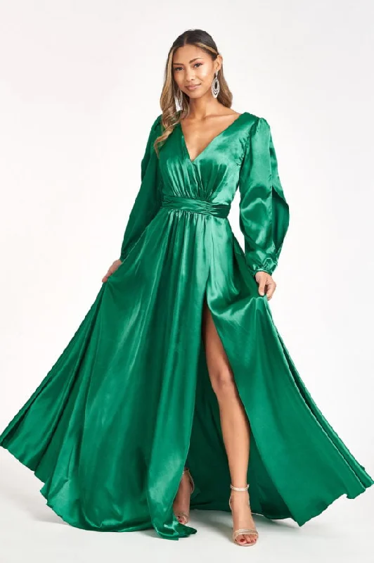 cocktail dresses with pleated skirts for elegant flow --Long Sleeve Shiny Satin Gown by Elizabeth K GL1990