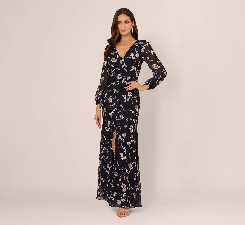 formal dresses for cocktail parties with fitted silhouettes --Long Sleeve Floral Chiffon Maxi Dress In Navy Blush