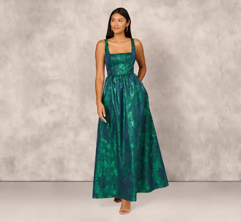 formal dresses for cocktail parties with off-shoulder design --Lame Satin Jacquard Gown With Square Neckline In Dark Ivy
