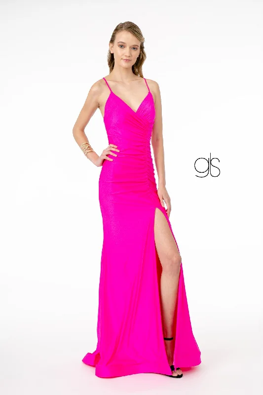 cocktail dresses with off-shoulder necklines for feminine charm --Ruched Long V-Neck Dress with Corset Back by Elizabeth K GL1816