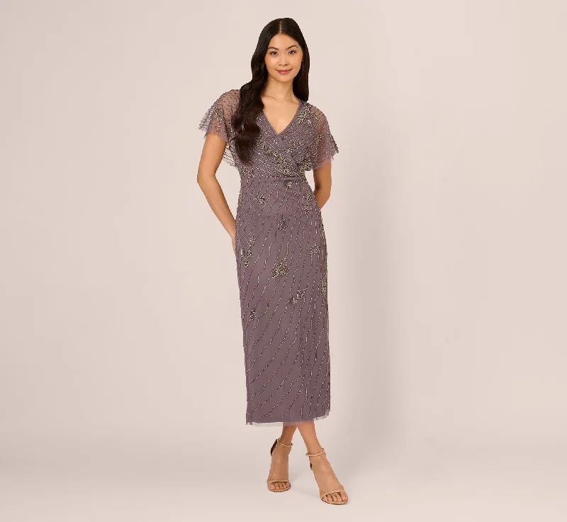 formal dresses for post-surgery patients with easy closures --Beaded Ankle Length Dress With Sheer Flutter Sleeves In Moonscape