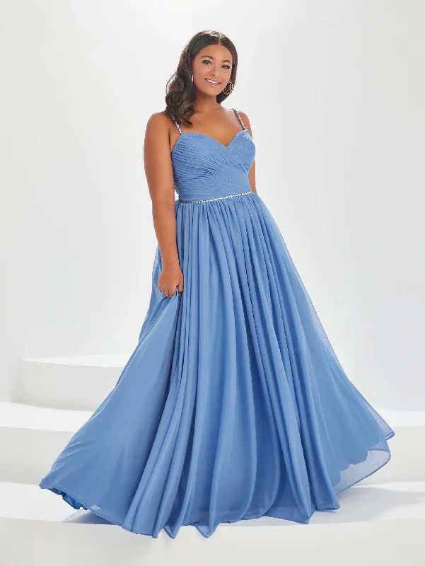 Wedding guest dresses with wrap-around designs for a timeless look -Plus Size Pleated Chiffon Gown by Tiffany Designs 16036