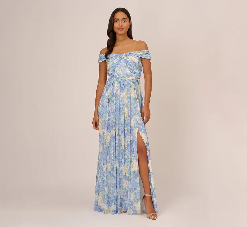 formal dresses with built-in cooling technology for hot climates --Watercolor Floral Print Gown With Off The Shoulder Neckline In Blue Multi