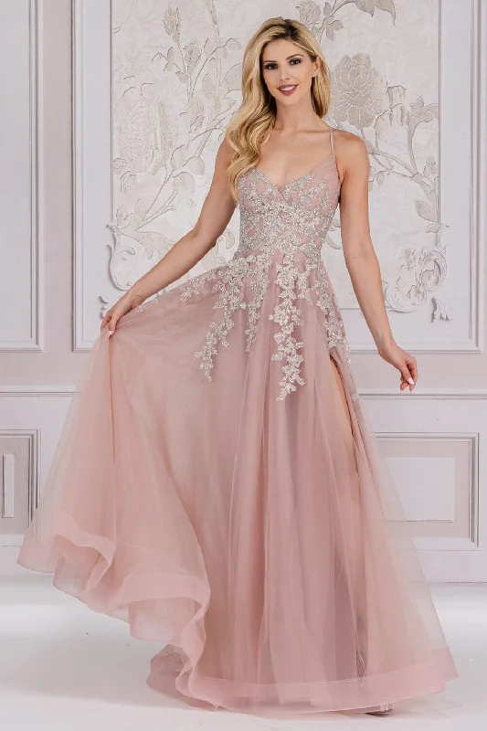 cocktail dresses with floral prints for daytime events --Applique Sleeveless Slit Gown by Amelia Couture TM1006