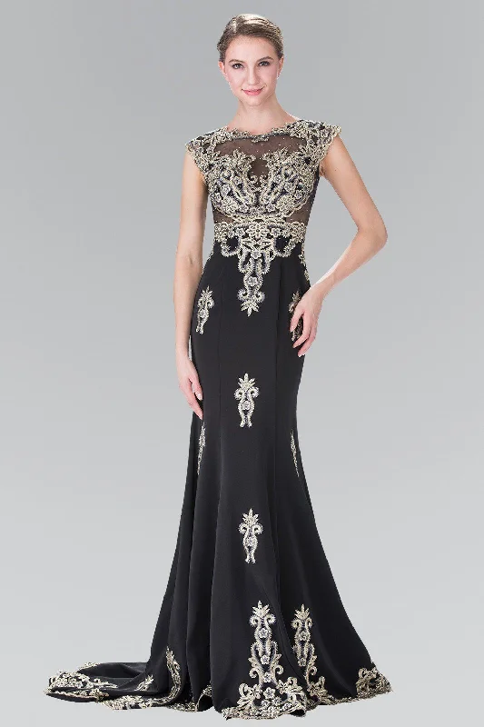 cocktail dresses with metallic fabrics for festive occasions --Long Cap Sleeve Illusion Dress with Applique by Elizabeth K GL2233