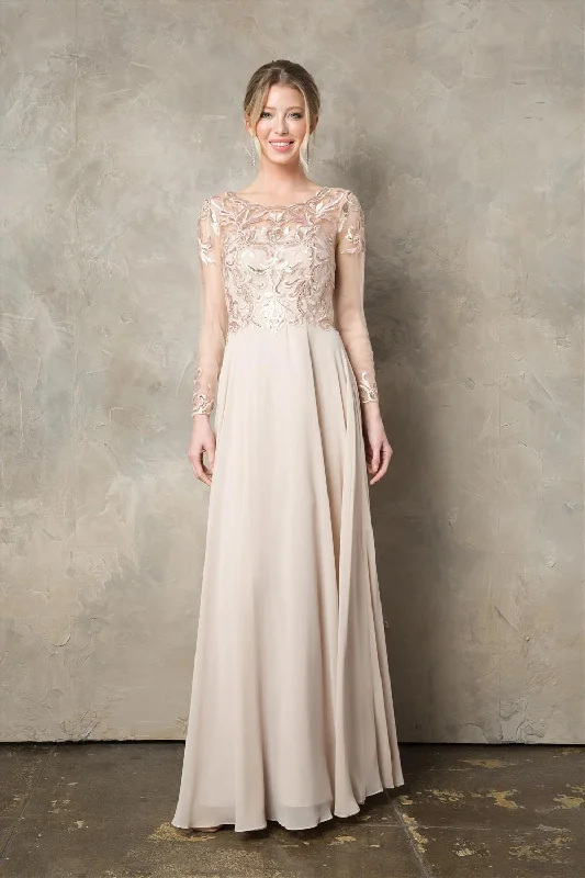 Wedding guest dresses for spring weddings with a boho vibe -Sequin Embroidered Long Sleeve A-line Gown by Juno 0960