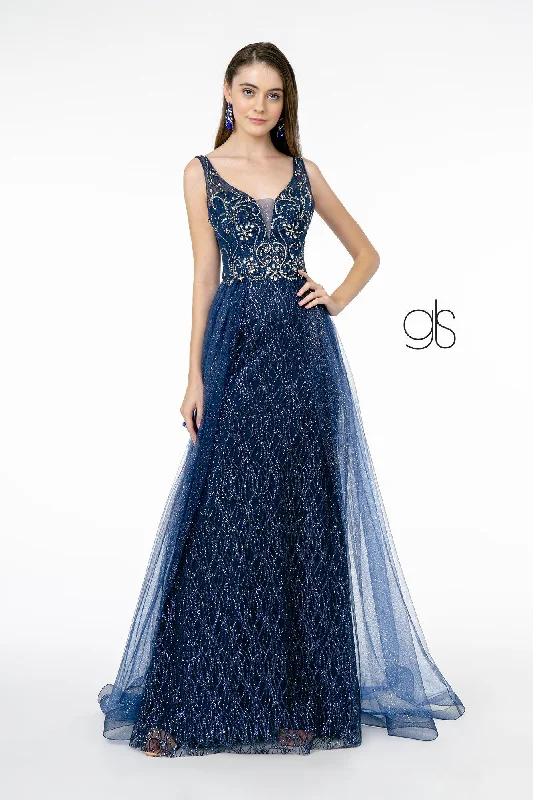 Wedding guest dresses that pair perfectly with neutral shoes -Jeweled V-Neck Gown with Glitter Overskirt by Elizabeth K GL1840