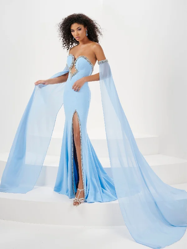 cocktail dresses with beaded straps for sparkle --Fitted Beaded Strapless Cape Sleeve Slit Gown by Panoply 14194