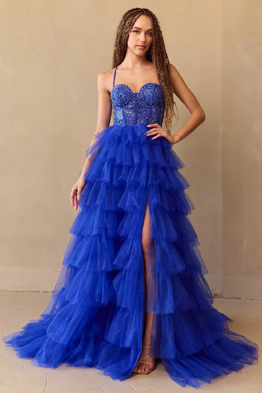 cocktail dresses with off-shoulder necklines for feminine charm --Sleeveless Tiered A-line Gown by Amelia Couture 4048