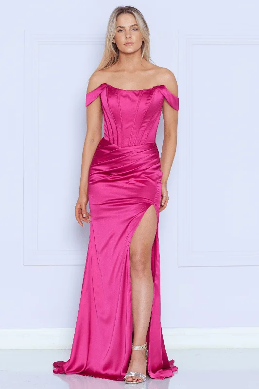formal dresses for winter balls with faux fur accents --Long Fitted Corset Slit Dress by Poly USA 9024