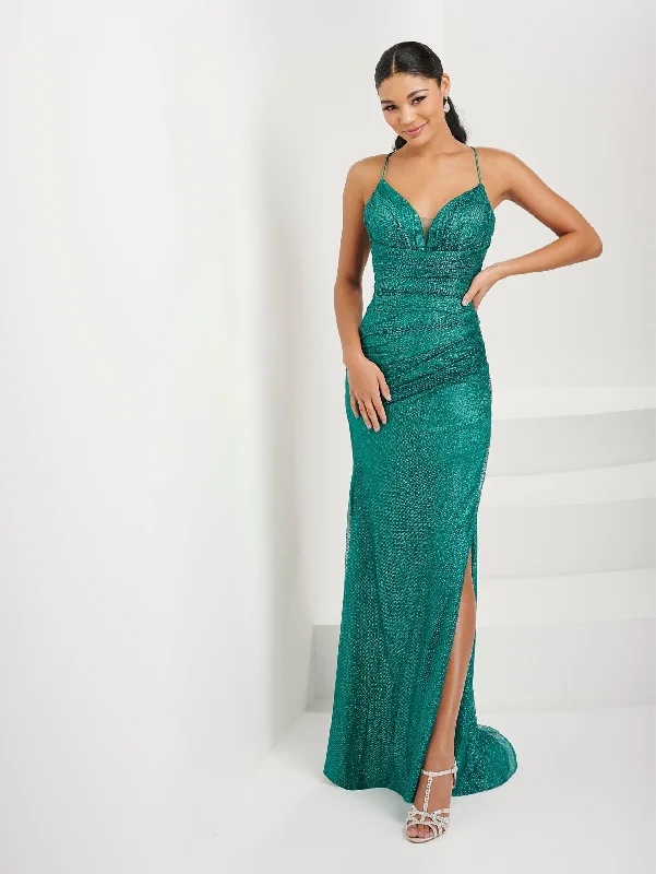 cocktail dresses with ruched sides for slimming effect --Fitted Glitter Lace-Up Slit Gown by Tiffany Designs 16075