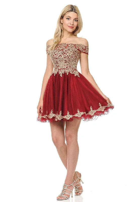 Graduation dresses with floral prints for a spring vibe -Short Off the Shoulder Dress with Gold Lace Appliques 8124