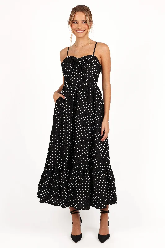 Graduation dresses with an A-line silhouette for versatility -Hailee Maxi Dress - Black Polka Dot