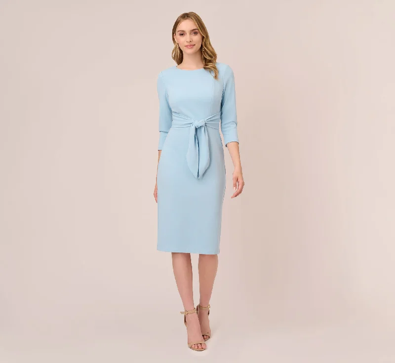 Simple spring dresses for easy styling with accessories -Knit Crepe Bow Sheath Dress With Three Quarter Sleeves In Blue Mist
