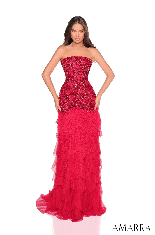 formal dresses with satin sashes for waist accentuation --Beaded Strapless A-line Ruffled Gown by Amarra 88262